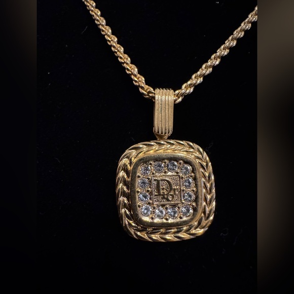 Christian Dior Logo Gold Tone “Dior” with Rhinestone Pendant Necklace